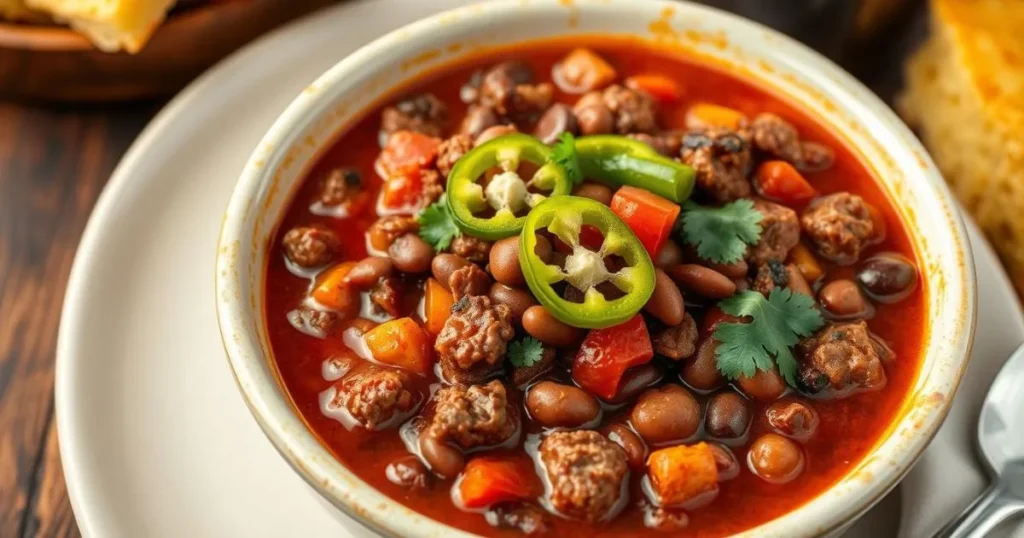 A bowl of hearty chili with ground beef, enchilada sauce, kidney beans, and diced tomatoes, topped with cilantro and jalapeño slices, served with a side of cornbread on a rustic wooden table.