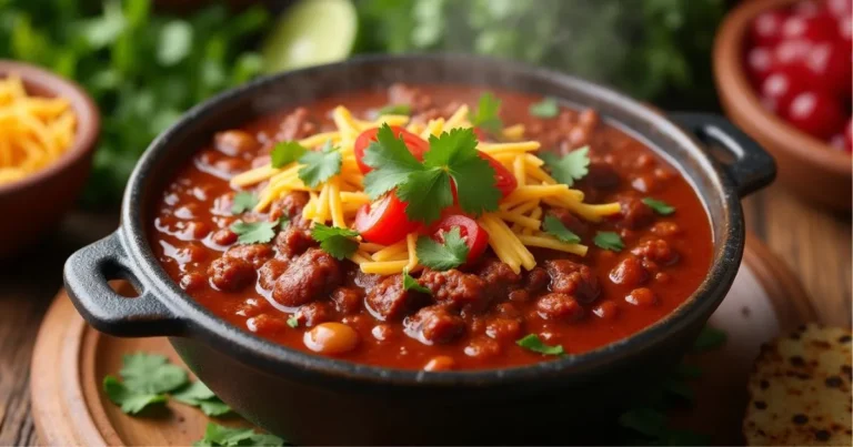 A steaming bowl of hearty beef chili topped with cilantro, diced tomatoes, and melted cheese, surrounded by colorful ingredients like kidney beans, bell peppers, and enchilada sauce, on a rustic wooden table.