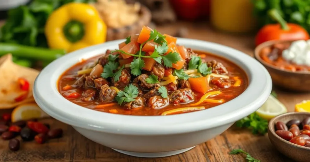 Hearty Beef Chili with Fresh Toppings and Colorful Ingredients

