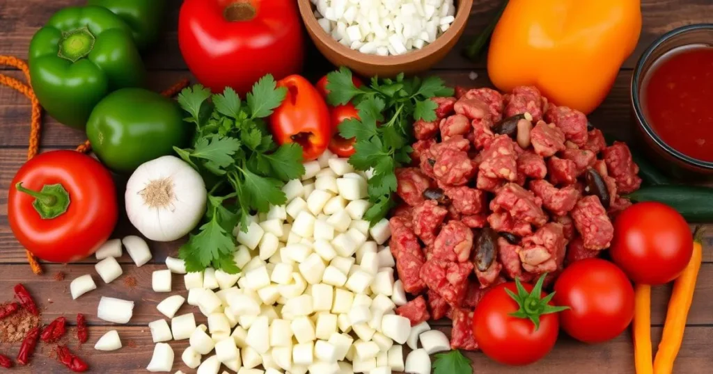 A vibrant composition of fresh chili con carne ingredients, including ground beef, ripe tomatoes, kidney beans, diced onions, garlic cloves, colorful bell peppers, and a bowl of enchilada sauce, arranged on a rustic wooden table with scattered spices and herbs in the background.



