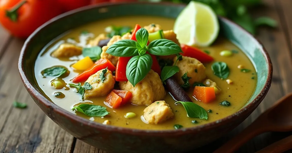 A bowl of Thai green curry with chicken, vegetables, coconut milk, fresh herbs, and lime slices on a rustic wooden table.