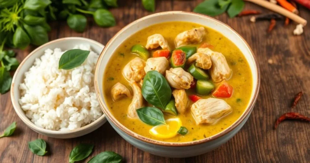 A vibrant bowl of homemade Thai green curry with chicken, bell peppers, zucchini, basil leaves, and coconut milk, served with a side of jasmine rice on a rustic wooden table, surrounded by fresh herbs and spices.