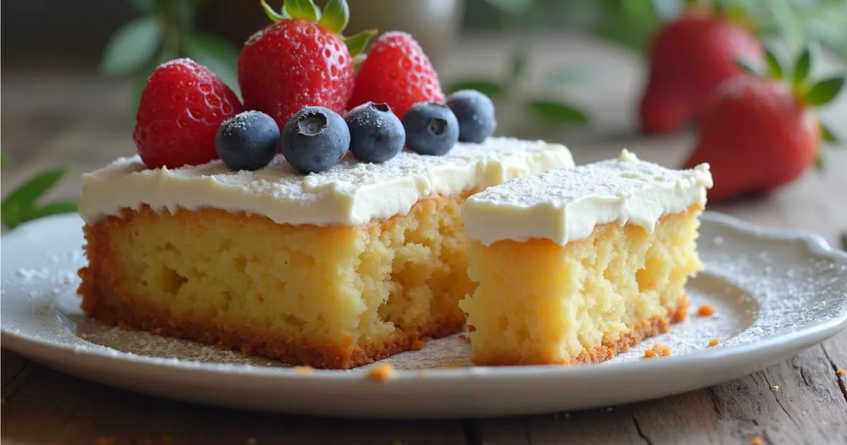 A moist and fluffy kefir sheet cake with creamy frosting, fresh berries, and powdered sugar, placed on a rustic wooden table under soft natural lighting.