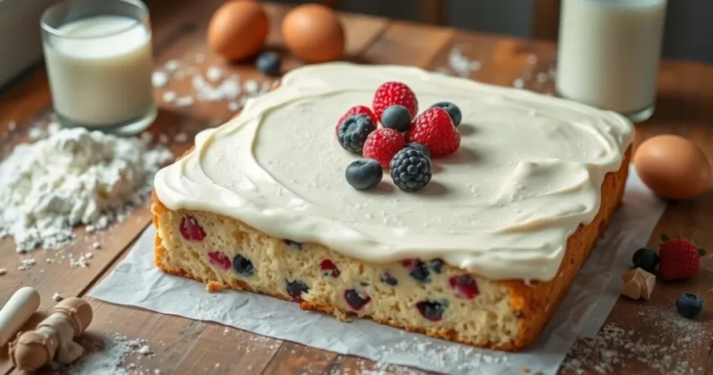 A moist and fluffy kefir sheet cake with creamy frosting, fresh berries, and powdered sugar, placed on a rustic wooden table surrounded by ingredients like flour, eggs, and a glass of kefir, with soft natural lighting creating a warm atmosphere.