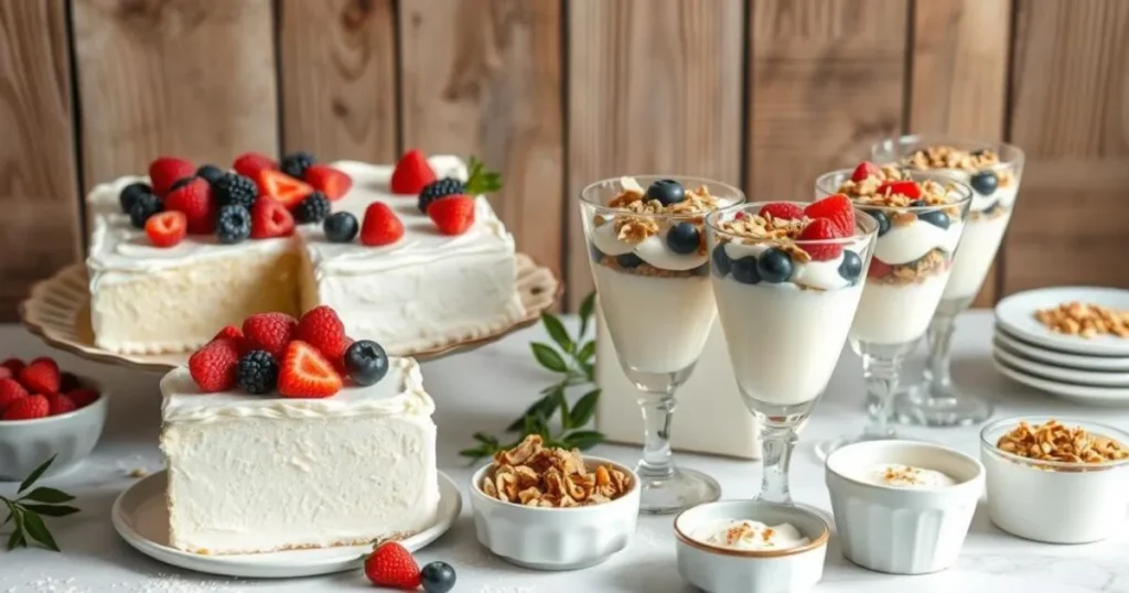 A dessert table with various kefir-based treats, including a kefir sheet cake with fresh berries, kefir parfaits in glass cups with granola and fruits, and kefir mousse in small dishes, all displayed against a rustic wooden backdrop with soft natural lighting.