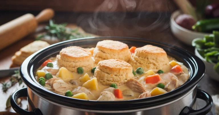 Creamy crockpot chicken pot pie with golden flaky biscuits, tender chicken, carrots, peas, and potatoes in a rustic kitchen setting.