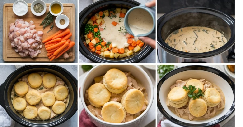 Step-by-step visual guide for making Crockpot Chicken Pot Pie: 1) Chopped chicken and diced vegetables on a cutting board with seasonings. 2) Chicken and veggies layered in a crockpot with creamy sauce being poured. 3) Crockpot simmering with steam rising. 4) Golden, flaky biscuits placed on top of the filling. 5) A cozy bowl of creamy chicken pot pie with a biscuit, garnished with parsley, ready to serve.