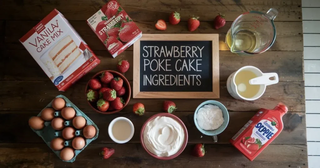 All ingredients for a strawberry poke cake, including vanilla cake mix, strawberry Jello, fresh strawberries, eggs, oil, water, whipped topping, and sweetened condensed milk, arranged neatly on a rustic wooden table with a handwritten 'Strawberry Poke Cake Ingredients' sign.