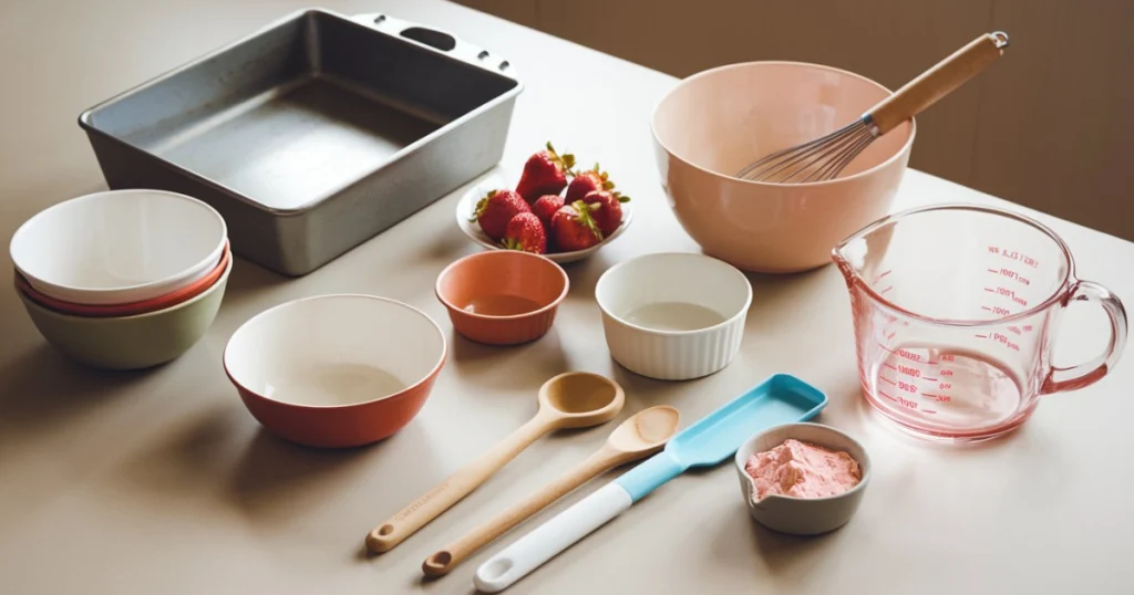 Essential tools for making a strawberry poke cake, including a baking pan, mixing bowls, whisk, wooden spoon, measuring cups, and spatula, arranged neatly on a kitchen counter with fresh strawberries and Jello powder in the background.