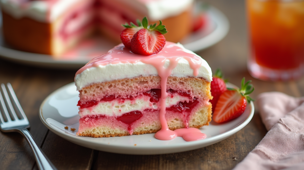 A slice of strawberry poke cake on a plate, showing moist pink layers, glossy Jello filling, and whipped topping, garnished with fresh strawberries and glaze. Served on a rustic wooden table with a fork and iced tea in the background.