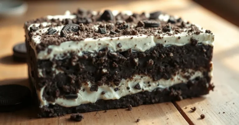 A no-bake Oreo dirt cake with a crumbly Oreo cookie crust, creamy filling, and crushed Oreo topping, presented on a rustic wooden surface. Soft natural lighting highlights the dessert's texture and homemade charm.